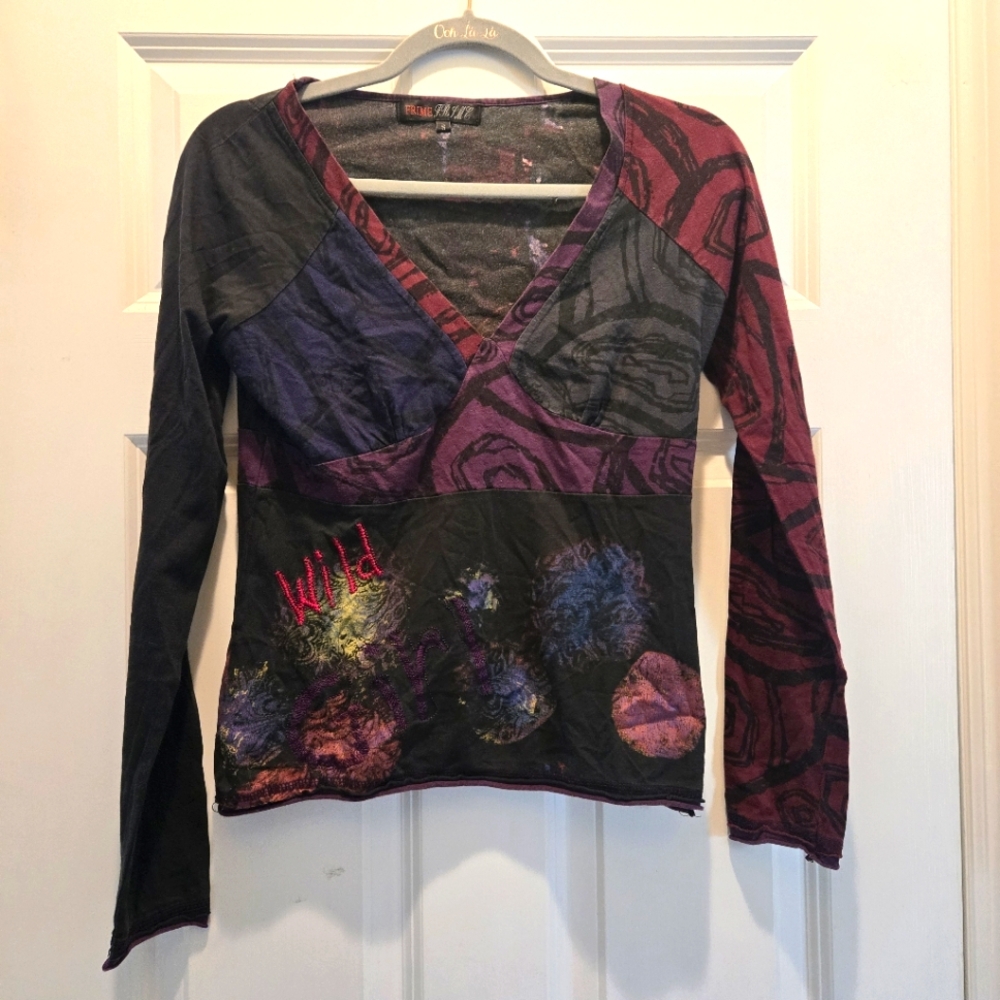 Vintage Y2K Top S Tshirt Multicolored Long Sleeve Tee Bias Abstract Embroidered